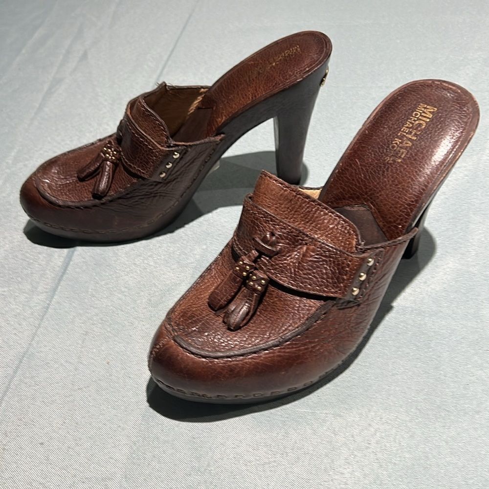 Michael Kors Wooden High Heel Clogs real leather Size 8. B56 - Picture 2 of 10